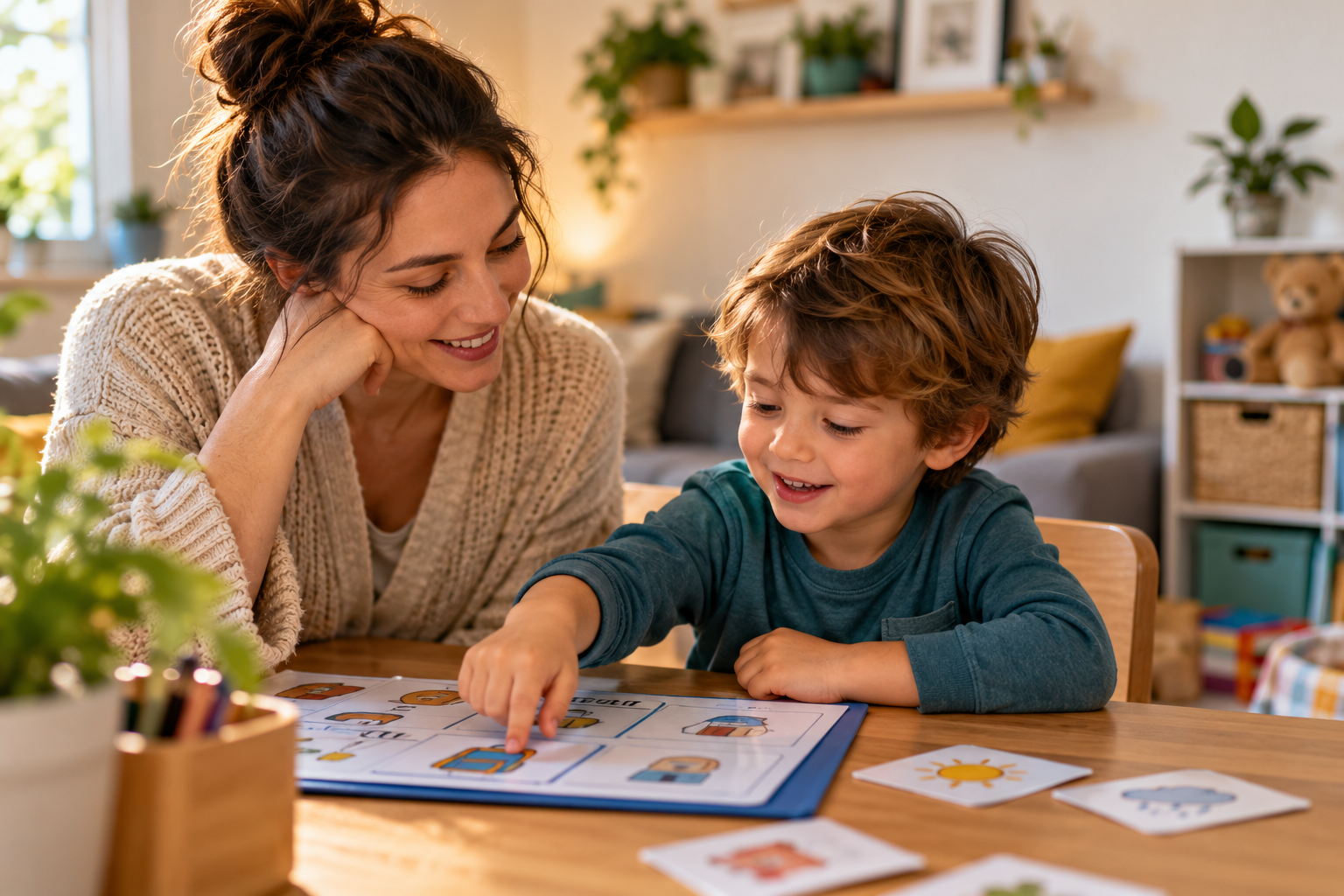 Parent supporting a child during an everyday home routine to encourage development, communication and emotional regulation.